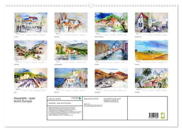 Produktbild: Aquarelle - quer durch Europa (Wandkalender 2026 DIN A2 quer), CALVENDO Monatskalender
