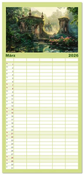 Produktbild: Familienplaner 2026 - Verwunschene G&auml;rten - Eine Zeitreise mit 5 Spalten (Wandkalender, 21 x 45 cm) CALVENDO