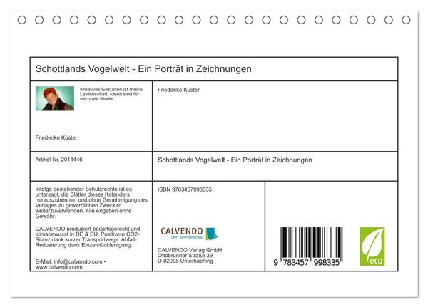Produktbild: Schottlands Vogelwelt - Ein Portr&auml;t in Zeichnungen (Tischkalender 2026 DIN A5 quer), CALVENDO Monatskalender