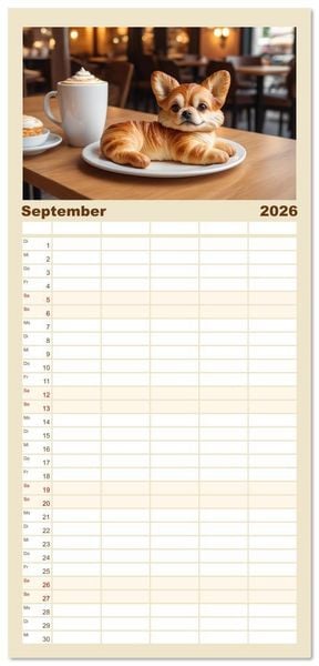 Produktbild: Familienplaner 2026 - Tierische Croissants mit 5 Spalten (Wandkalender, 21 x 45 cm) CALVENDO