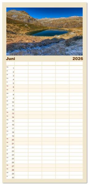 Produktbild: Familienplaner 2026 - Bezaubernde Bergseen mit 5 Spalten (Wandkalender, 21 x 45 cm) CALVENDO