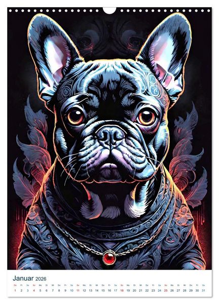 Produktbild: Franz&ouml;sische Bulldoggen. Kunstvoll gestaltete Portraits (Wandkalender 2026 DIN A3 hoch), CALVENDO Monatskalender