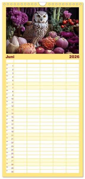 Produktbild: Familienplaner 2026 - Stillleben mit Eule mit 5 Spalten (Wandkalender, 21 x 45 cm) CALVENDO