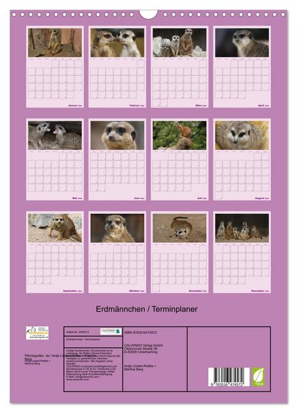 Produktbild: Erdm&auml;nnchen / Terminplaner (Wandkalender 2026 DIN A3 hoch), CALVENDO Monatskalender