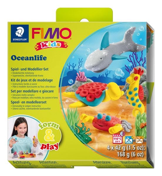 Produktbild: STAEDTLER FIMO kids 8034, ofenh&auml;rtende Modelliermasse, Set Oceanlife mit 4 Bl&ouml;cken 42 g, Modellierstab