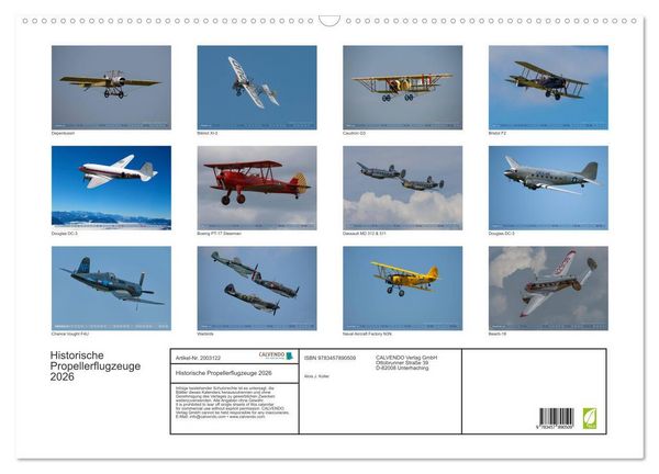 Produktbild: Historische Propellerflugzeuge 2026 (Wandkalender 2026 DIN A2 quer), CALVENDO Monatskalender