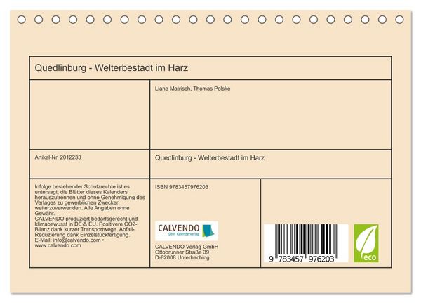 Produktbild: Quedlinburg - Welterbestadt im Harz (Tischkalender 2026 DIN A5 quer), CALVENDO Monatskalender
