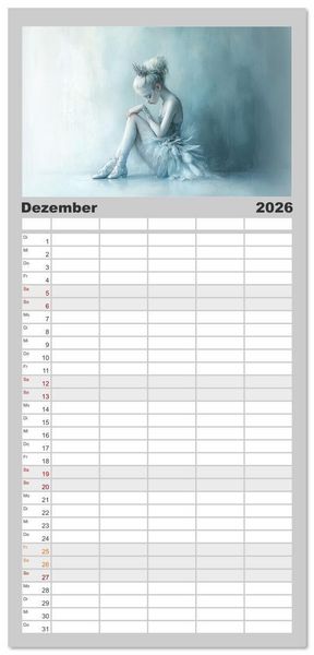 Produktbild: Familienplaner 2026 - Im Pas de Deux mit der Stille mit 5 Spalten (Wandkalender, 21 x 45 cm) CALVENDO