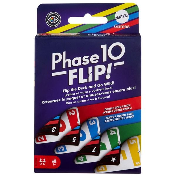 Produktbild: Phase 10 Flip Kartenspiel, klassisches Kartenspiel für die ganze Familie mit beidseitig bedruckten Karten für 2 bis 6 Spieler