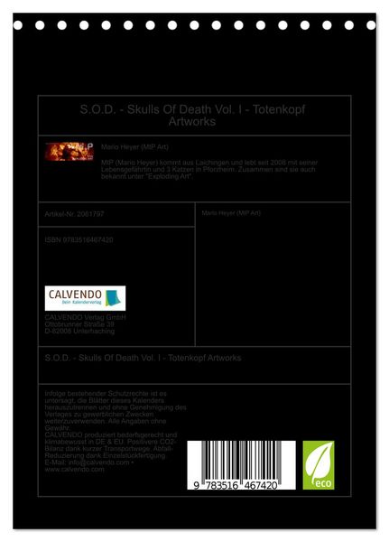 Produktbild: S.O.D. - Skulls Of Death Vol. I - Totenkopf Artworks (Tischkalender 2026 DIN A5 hoch), CALVENDO Monatskalender