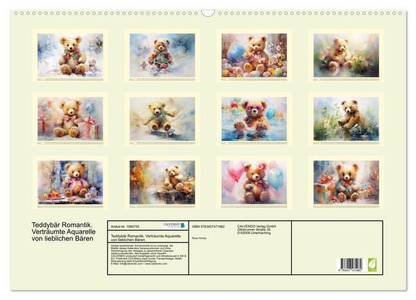 Produktbild: Teddyb&auml;r Romantik. Vertr&auml;umte Aquarelle von lieblichen B&auml;ren (Wandkalender 2026 DIN A2 quer), CALVENDO Monatskalender