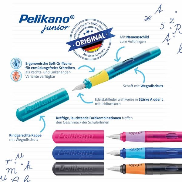 Produktbild: Pelikan F&uuml;ller Pelikano&reg; Junior Schreiblernf&uuml;ller, f&uuml;r Rechtsh&auml;nder, T&uuml;rkis, Feder A