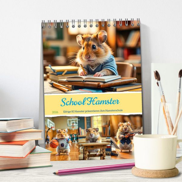 Produktbild: School Hamster - Eifrige KI Hamster pr&auml;sentieren ihre Hamsterschule (Tischkalender 2026 DIN A5 hoch), CALVENDO Monatskalender