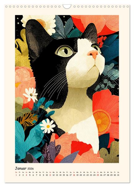 Produktbild: Katzenkunst. K&uuml;nstlerische Paintings im modernen Folk-Stil (Wandkalender 2026 DIN A3 hoch), CALVENDO Monatskalender