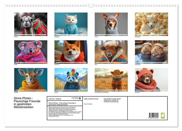 Produktbild: Strick-Pfoten - Flauschige Freunde in gestrickten Meisterwerken (Wandkalender 2026 DIN A2 quer), CALVENDO Monatskalender