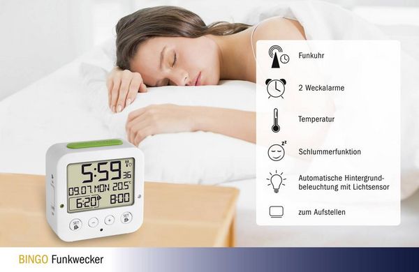 Produktbild: TFA Dostmann 60.2528.02 Funk Wecker Wei&szlig;, Gr&uuml;n Alarmzeiten 2