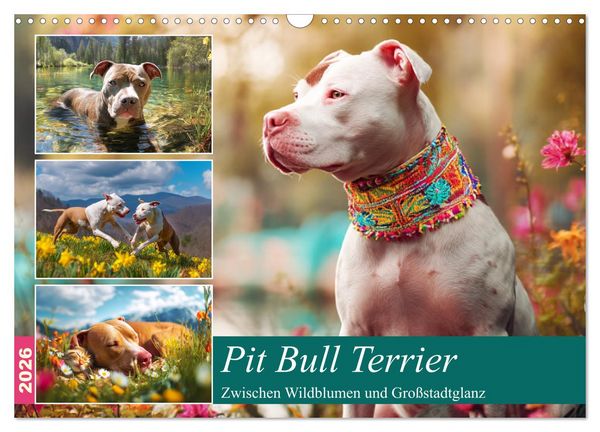 Pit Bull Terrier. Zwischen Wildblumen und Großstadtglanz (Wandkalender 2026 DIN A3 quer), CALVENDO Monatskalender