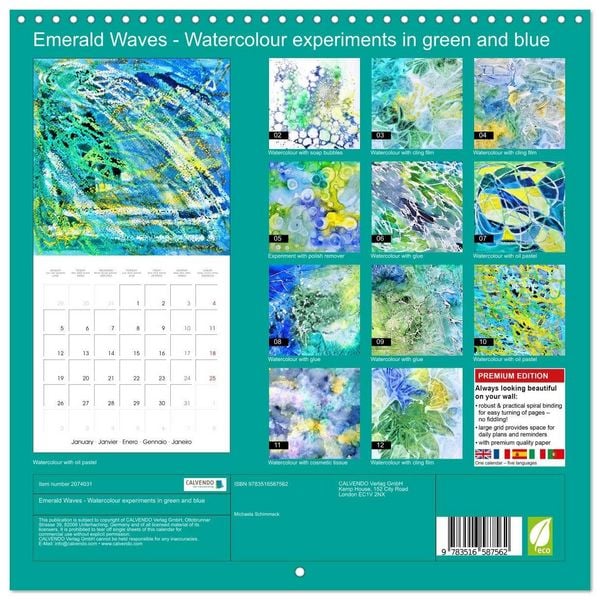 Produktbild: Emerald Waves - Watercolour experiments in green and blue (Wall Calendar 2026 12 &times; 12 Inch) CALVENDO 12 Month Wall Calendar