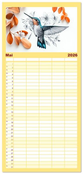 Produktbild: Familienplaner 2026 - Fliegende Kunstwerke - Kolibris mit 5 Spalten (Wandkalender, 21 x 45 cm) CALVENDO