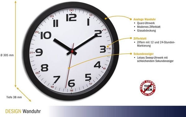 Produktbild: TFA Dostmann 60.3050.01 Quarz Wanduhr 30.5mm x 30.5mm x 3.8mm Schwarz