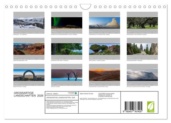 Produktbild: GROSSARTIGE LANDSCHAFTEN 2026 (Wandkalender 2026 DIN A4 quer), CALVENDO Monatskalender