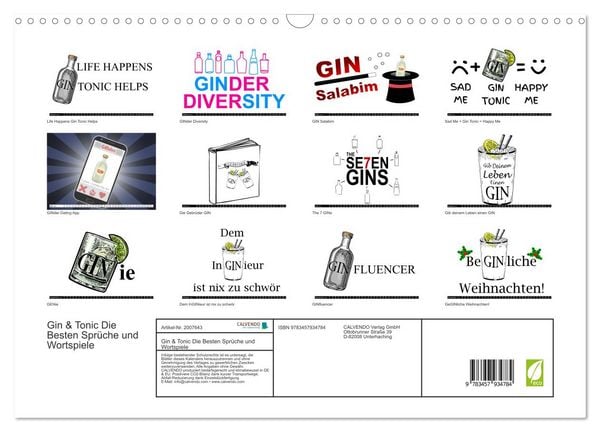 Produktbild: Gin & Tonic Die Besten Spr&uuml;che und Wortspiele (Wandkalender 2026 DIN A3 quer), CALVENDO Monatskalender