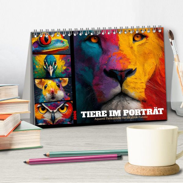 Produktbild: Tiere im Portr&auml;t - Aquarell Tierkalender f&uuml;r die ganze Familie (Tischkalender 2026 DIN A5 quer), CALVENDO Monatskalender