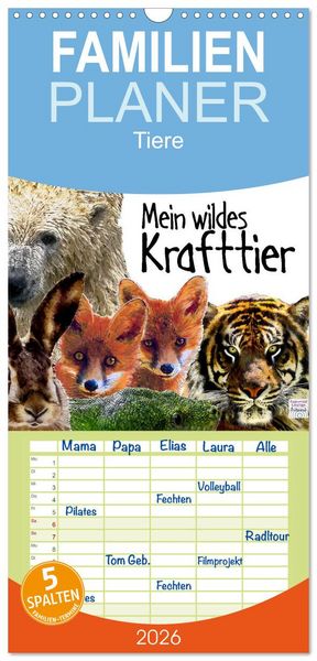 Produktbild: Familienplaner 2026 - Mein wildes Krafttier voller Achtsamkeit mit 5 Spalten (Wandkalender, 21 x 45 cm) CALVENDO