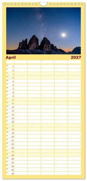 Produktbild: Familienplaner 2027 - Leuchtende Dolomiten mit 5 Spalten (Wandkalender, 21 x 45 cm) CALVENDO