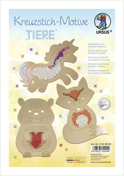 URSUS Sticken Kreuzstich-Motive Tiere, 24 Blatt Kraftkarton, 14,8 x 21 cm, braun