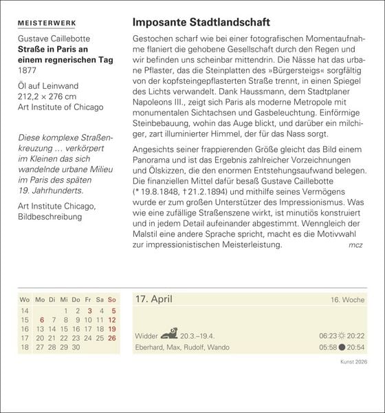 Produktbild: Kunst Tagesabreißkalender 2026 - Kulturkalender - Künstler, Werke, Museen