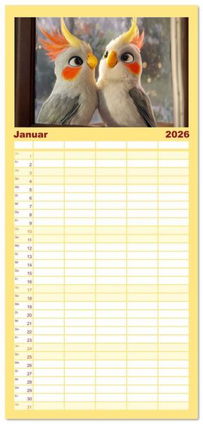 Produktbild: Familienplaner 2026 - Klein, laut, lustig - Nymphensittiche mit 5 Spalten (Wandkalender, 21 x 45 cm) CALVENDO