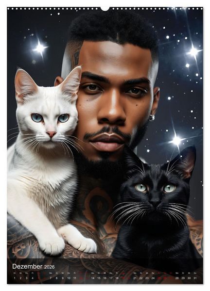 Produktbild: Verschmuste Kerle - Muskeln, Tattoos und Miezekatzen (hochwertiger Premium Wandkalender 2026 DIN A2 hoch), Kunstdruck in Hochglanz