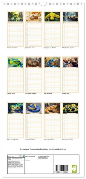 Produktbild: Familienplaner 2026 - Schlangen. Faszination Reptilien. Kunstvolle Paintings mit 5 Spalten (Wandkalender, 21 x 45 cm) CALVENDO