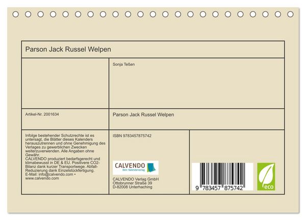 Produktbild: Parson Jack Russel Welpen (Tischkalender 2026 DIN A5 quer), CALVENDO Monatskalender