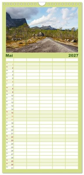 Produktbild: Familienplaner 2027 - Spektakul&auml;re Bergwelten Norwegen mit 5 Spalten (Wandkalender, 21 x 45 cm) CALVENDO