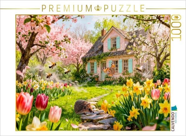 CALVENDO Puzzle Frühlings Cottage mit Igel und blühenden Kirschbäumen | 1000 Teile Lege-Größe 64x48cm Foto-Puzzle für glückliche Stunden