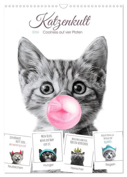 Katzenkult - Coolness auf vier Pfoten (Wandkalender 2026 DIN A3 hoch), CALVENDO Monatskalender