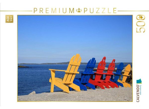CALVENDO Puzzle Farbige Stühle am Strand, Kanada | 500 Teile Lege-Größe 48 × 36 cm Foto-Puzzle für Erwachsene