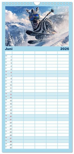 Produktbild: Familienplaner 2026 - Tierisch lustige Skifahrer mit 5 Spalten (Wandkalender, 21 x 45 cm) CALVENDO