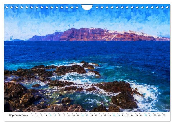 Produktbild: Urlaub auf Santorin - Gemalte Ansichten der Kykladeninsel (Wandkalender 2026 DIN A4 quer), CALVENDO Monatskalender