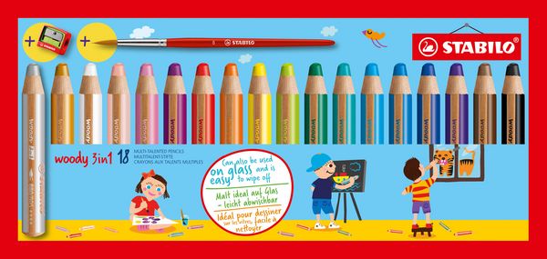 Produktbild: STABILO Buntstift, Wasserfarbe & Wachsmalkreide - woody 3 in 1 - 18er Pack mit Spitzer und Pinsel - mit 18 verschiedenen Farben