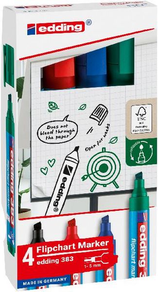 Produktbild: EDDING&reg; Flipchart Marker 383, 4er Etui (rot, blau, gr&uuml;n, schwarz) Kartonetui