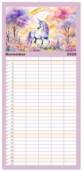 Produktbild: Familienplaner 2026 - Magische Einh&ouml;rner - Traumlandschaften unterm Regenbogen mit 5 Spalten (Wandkalender, 21 x 45 cm) CALVENDO