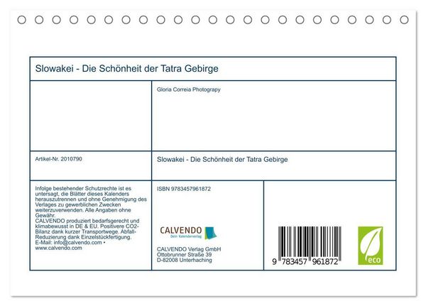 Produktbild: Slowakei - Die Sch&ouml;nheit der Tatra Gebirge (Tischkalender 2026 DIN A5 quer), CALVENDO Monatskalender