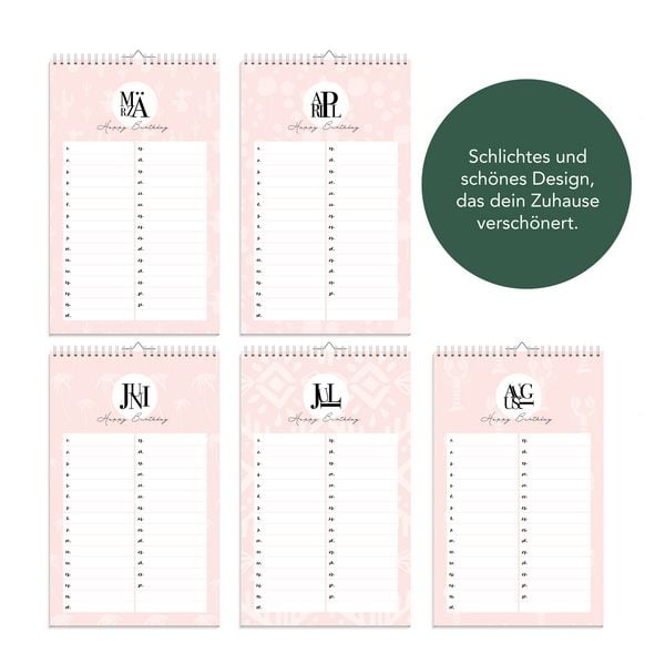 Produktbild: Geburtstagskalender immerw&auml;hrend | Jahresunabh&auml;ngiger Kalender f&uuml;r Geburtstage in rosa | Geburtstags&uuml;bersicht zum Aufh&auml;ngen mit Spiralbindung f&uuml;r die Familie und f&uuml;rs B&uuml;ro