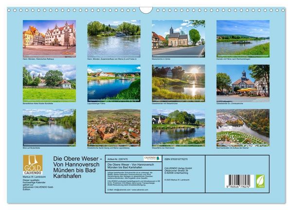 Produktbild: Die Obere Weser - Von Hannoversch M&uuml;nden bis Bad Karlshafen (Wandkalender 2027 DIN A3 quer), CALVENDO Monatskalender