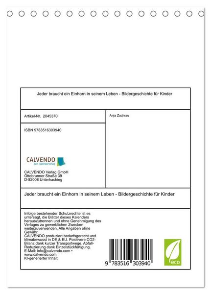Produktbild: Jeder braucht ein Einhorn in seinem Leben - Bildergeschichte f&uuml;r Kinder (Tischkalender 2026 DIN A5 hoch), CALVENDO Monatskalender