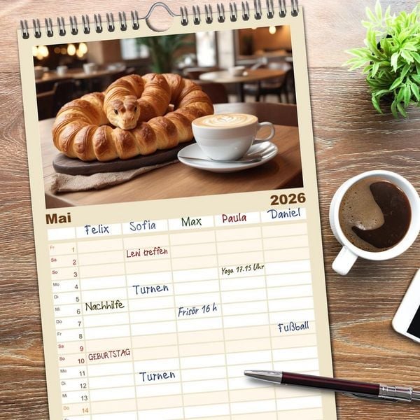 Produktbild: Familienplaner 2026 - Tierische Croissants mit 5 Spalten (Wandkalender, 21 x 45 cm) CALVENDO