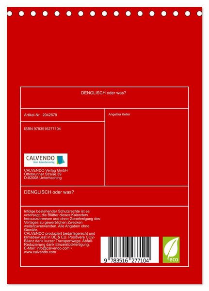 Produktbild: DENGLISCH oder was? (Tischkalender 2026 DIN A5 hoch), CALVENDO Monatskalender